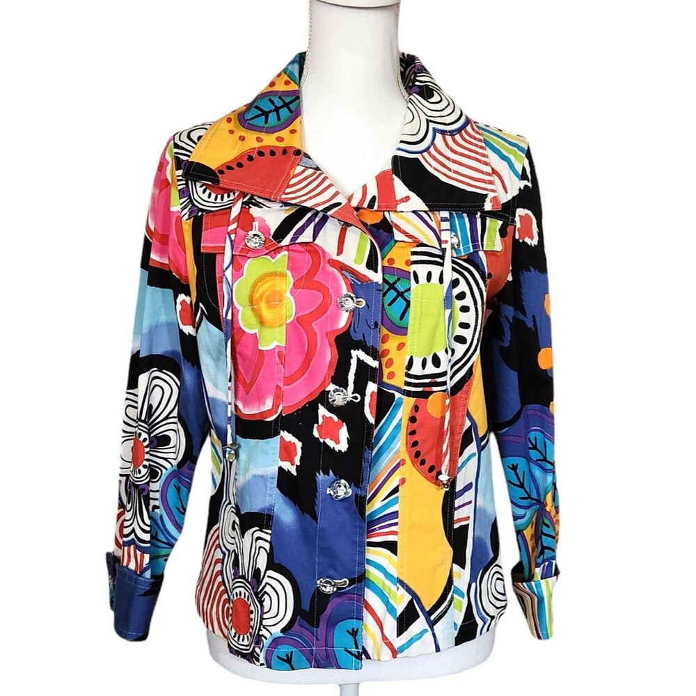 Berer Jacket Multi-Color Abstract Floral Faux Crystal Buttons Womens Size Small